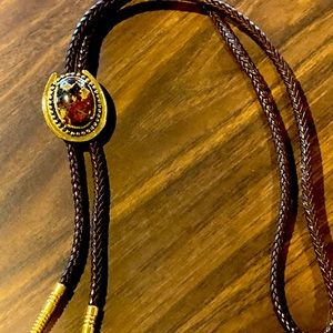 Vintage Bolo Tie Brass Semiprecious Stone Horseshoe Western